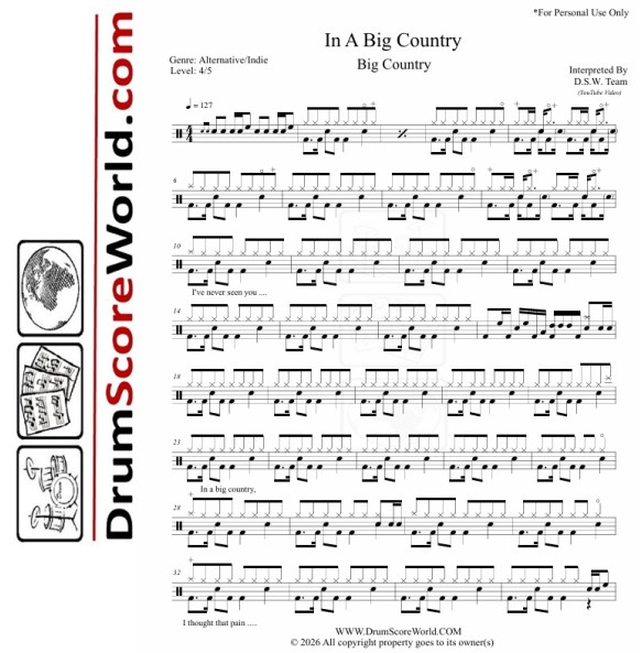 Big Country - In A Big Country - Drum Sheet + Play-Along Track